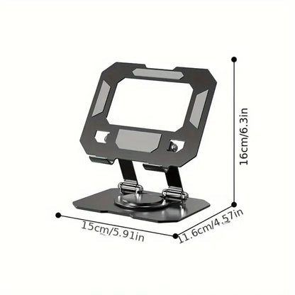 Black Rotating Metal Tablet Stand with Folding Desktop Base, 15 × 11.6 × 16 cm Label and Adjustable Viewing Angle
