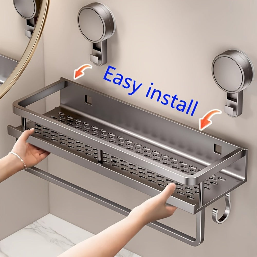 Wall-Mounted Suction Cup Shower Caddy with Towel Hook in Three Size and Pack Options for Bathrooms