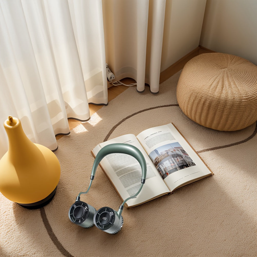 Dual-Head Neck Fan with a Digital Display in White, Green or Champagne Golden and USB Charging