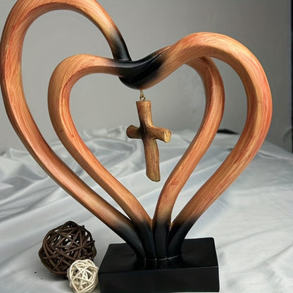 Resin Cross Ornament Wood Grain Love Design – Modern Decorative Cross Statue for Home Office Desktop, Mother's Day Valentine's Day Gift, Tabletop Spiritual Decor Figurine