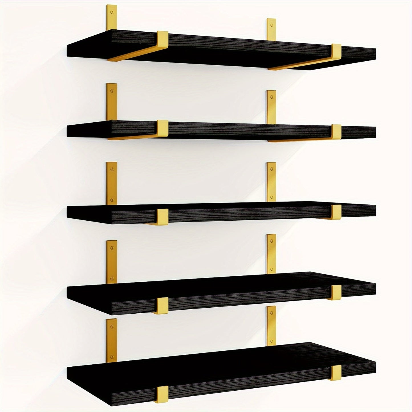 Five-Piece Rustic Floating Shelf Set with Black Metal Brackets in Light Brown, Dark Brown or Black-Gold Finishes