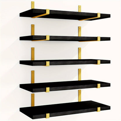 Five-Piece Rustic Floating Shelf Set with Black Metal Brackets in Light Brown, Dark Brown or Black-Gold Finishes