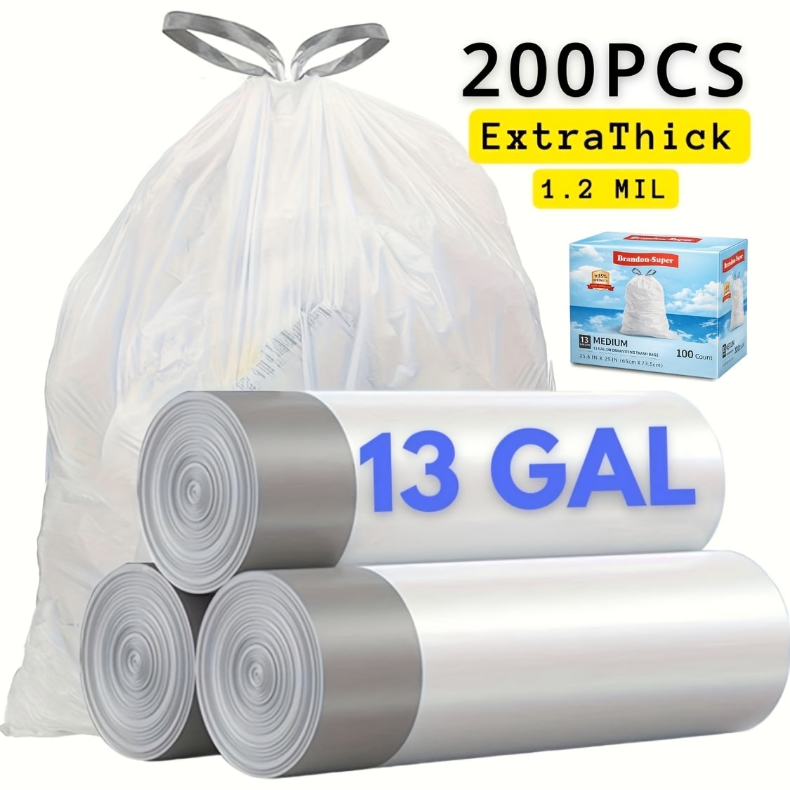 13-Gallon Translucent White Trash Bags with Tie Handles in Extra-Thick 100 or 200-Count Packs