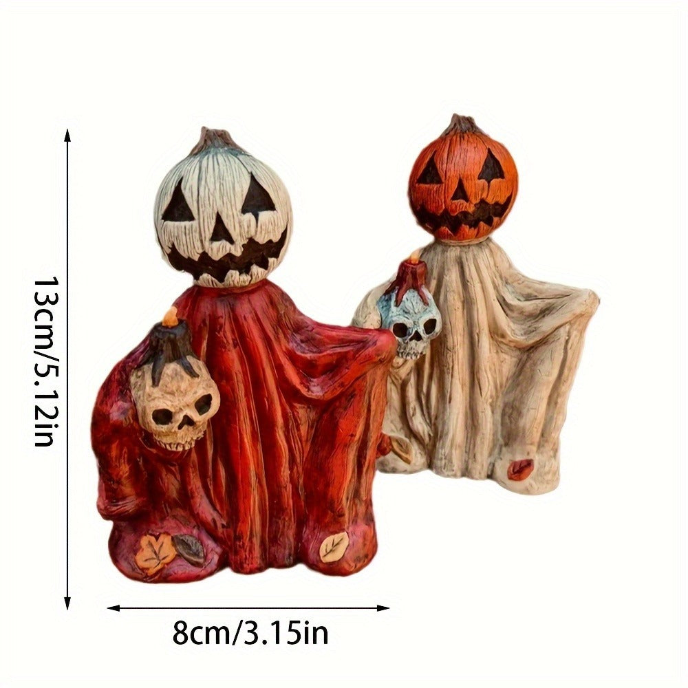 Halloween Pumpkin Wizard Resin Figurine 2-Pack – Spooky Desktop Ornament & Bookshelf Decor, Skeleton Gnome Tabletop Statue for Halloween Home Decor & Seasonal Display