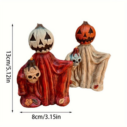 Halloween Pumpkin Wizard Resin Figurine 2-Pack – Spooky Desktop Ornament & Bookshelf Decor, Skeleton Gnome Tabletop Statue for Halloween Home Decor & Seasonal Display