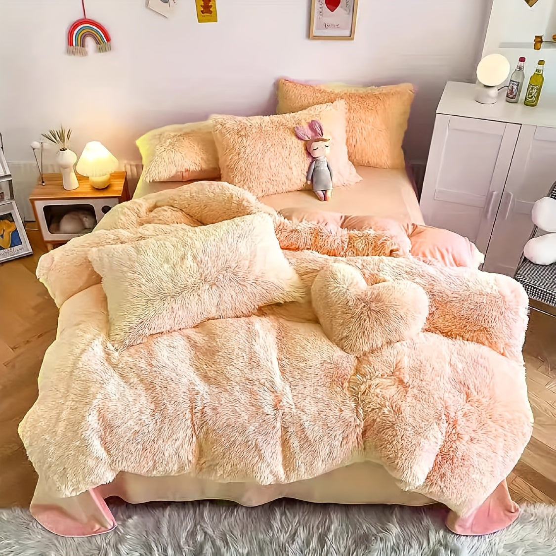 Plush Faux Fur Duvet Cover Set with Heart Pillow, Corner Ties and Twin, Queen or King Sizes in Eight Colors