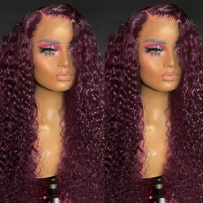 Lace Front Wig 200% Density HD Transparent Lace Curly Deep Wave 99J Burgundy Glueless Pre-Plucked Bleached Knots Natural Hairline Long Voluminous Women 32 Inch Undetectable