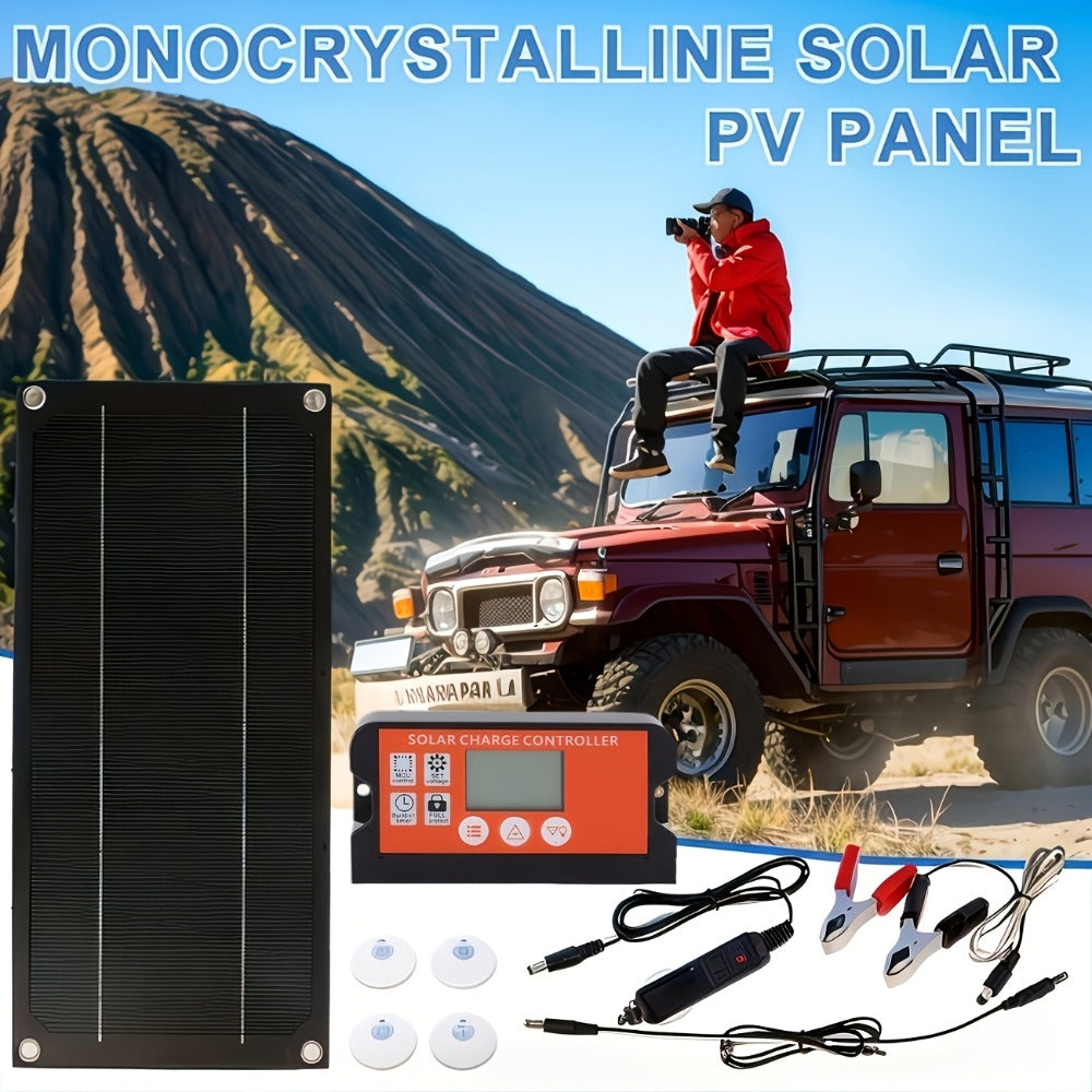 Monocrystalline Solar Panel Kit 18V with 100A Charge Controller – Portable High-Efficiency Solar Charger for RV, Camping, Outdoor Travel & Fishing, 12V/24V Off-Grid Power System with Extension Cable & Battery Clamps