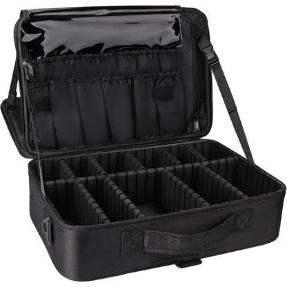 Black 15.8-Inch Soft Makeup Train Case with Three-Layer Interior, Brush Panel and Shoulder Strap