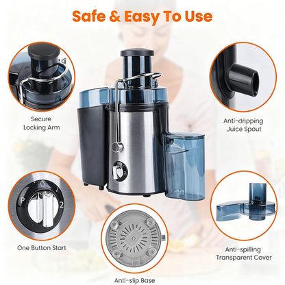 Black-and-Silver Centrifugal Juicer with Side Pulp Container, Juice Cup, 34cm Width and 33cm Height