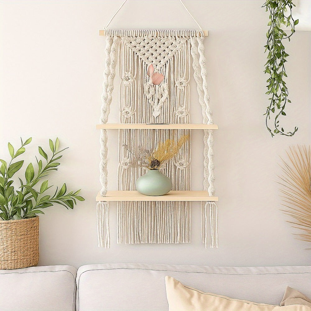 Macrame Wall Hanging with Tassel, Boho Woven Wall Decor for Living Room Bedroom Balcony, Two-Layer Lace Plant Hanger for Photo Frames & Small Plants – Bohemian Home Decor Wall Art