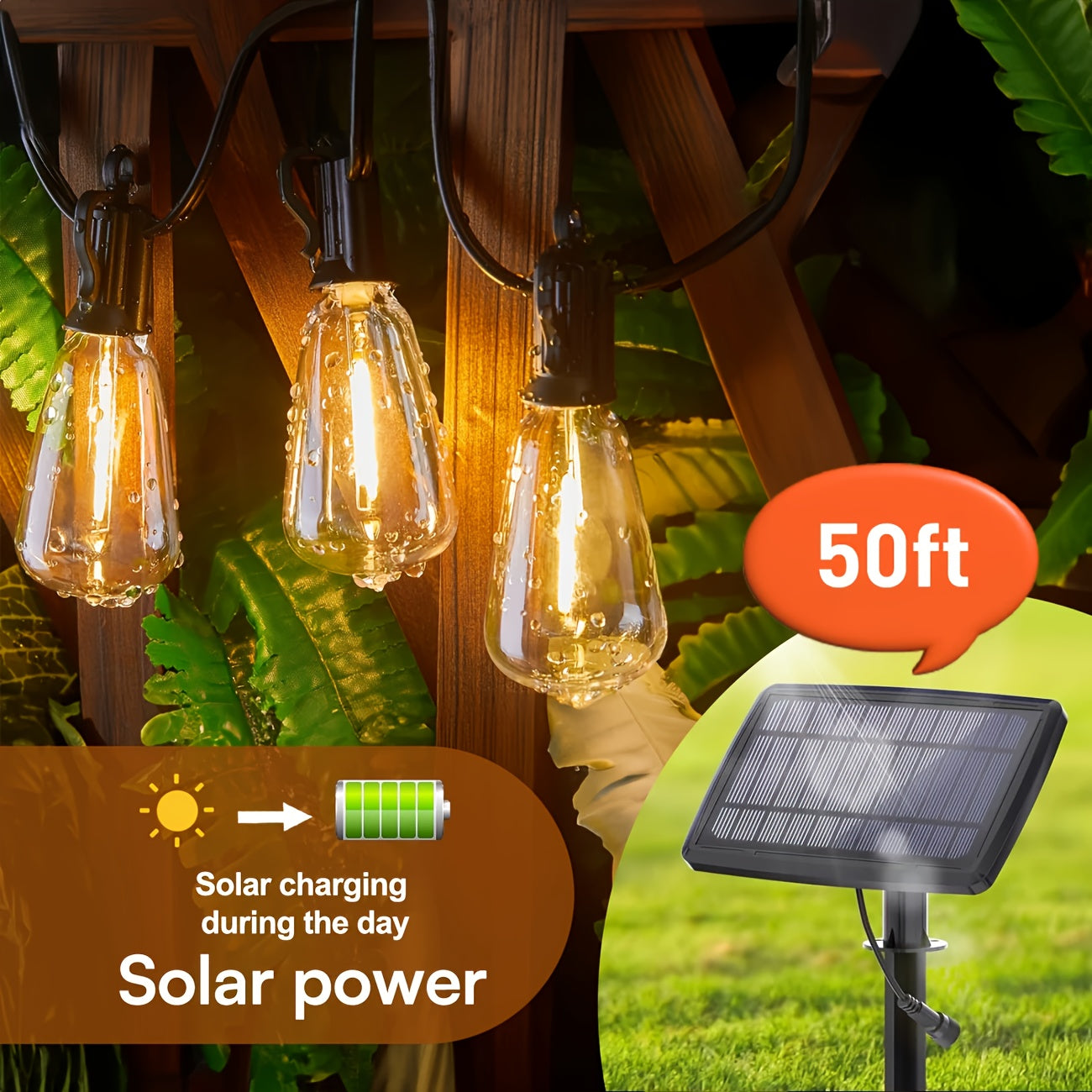 Solar Bulb String Lights in Warm White with ST38-Style Bulbs and 50- or 100-Foot Length Options