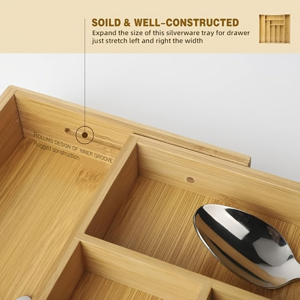 Expandable Bamboo Drawer Organizer with Nine Compartments for Flatware, Utensils and Desk Supplies