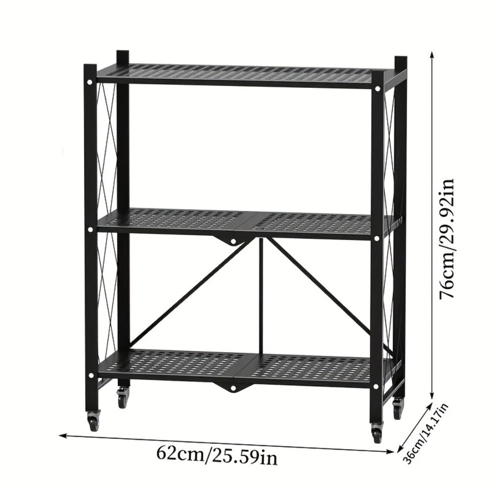 Foldable Rolling Storage Shelf in Three, Four or Five-Tier Options with Black or White Finish