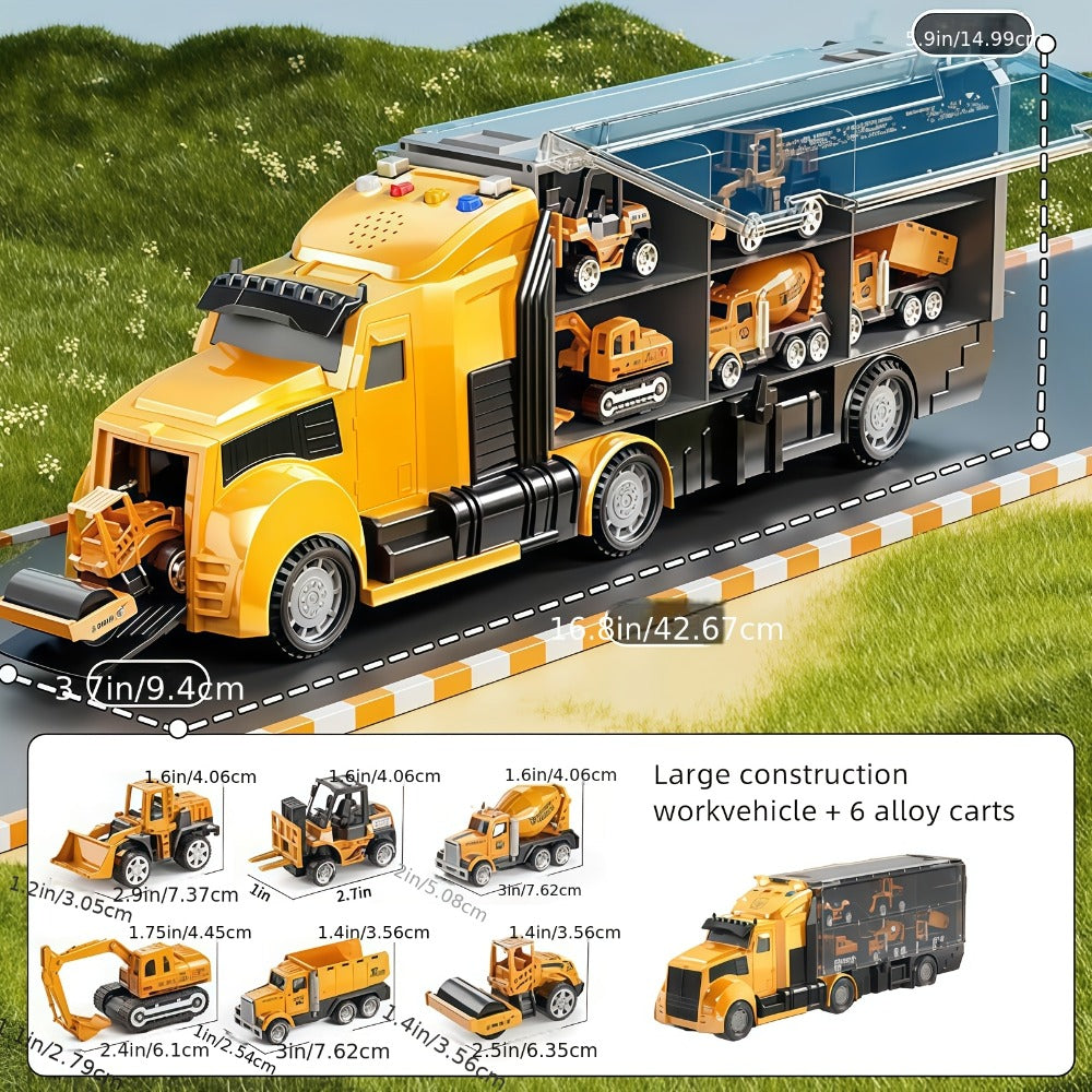 Vehicle Carrier Playset in Dinosaur Car or Construction Truck Style with Mini Vehicles and Storage