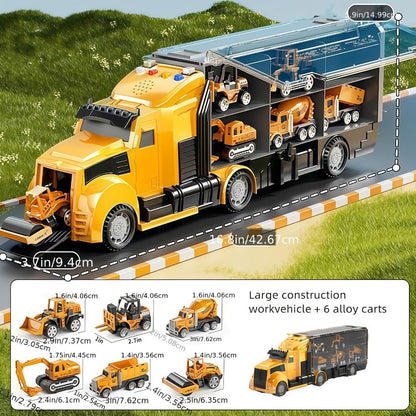 Vehicle Carrier Playset in Dinosaur Car or Construction Truck Style with Mini Vehicles and Storage