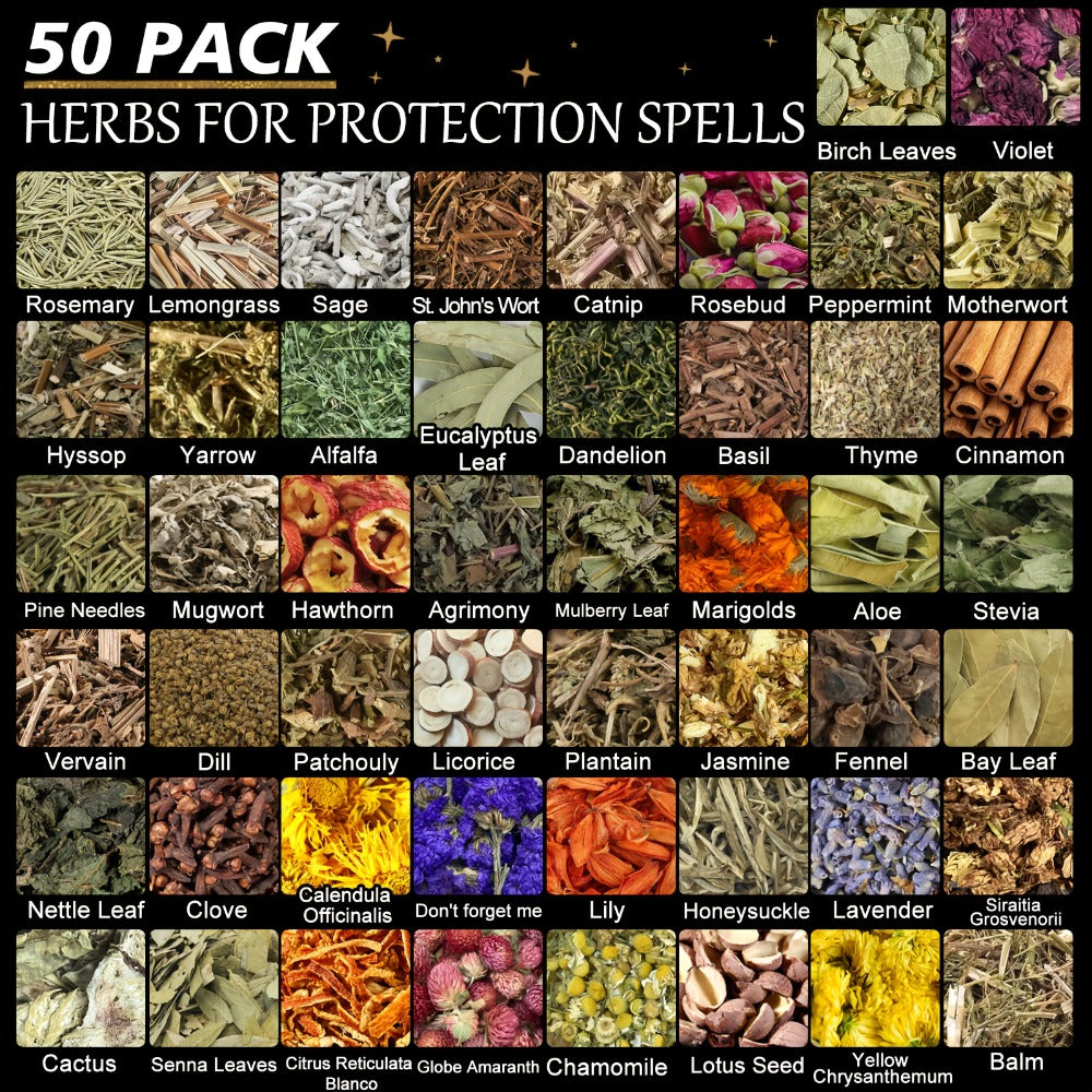 Dried Herbs for Witchcraft 50-Pack – Bulk Dried Flowers & Herb Kit for Wicca Beginners, Pagan Rituals, Magic Spells & Altar Supplies, Candle & Soap Making, Esoteric Witchcraft Gift Set