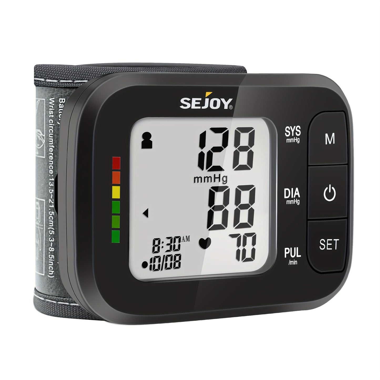 Blood Pressure Monitor by SEJOY, Wrist LCD Device with Included Strap and Battery Color Options