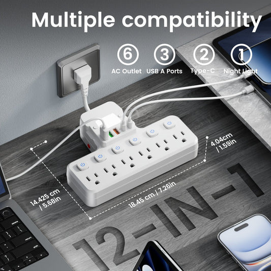 Desk Lamp Power Strip 12-in-1 with Adjustable LED Light, 6 AC Outlets & 5 USB Ports (3 USB-A + 2 USB-C), Overload Protection Surge Protector, Multi-Plug Charging Station for Office Home Travel – White & Black