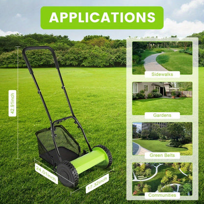 Manual Reel Lawn Mower 5-Blade Push Mower 11.8-Inch Cutting Width Adjustable Height 0.47"-1.77" with 6-Gallon Grass Catcher & Durable Steel Wheels for Residential Lawn