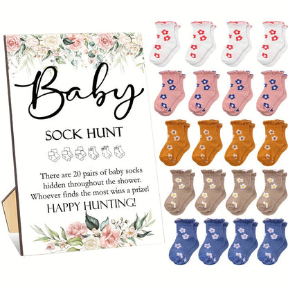 Baby Shower Sock Hunt Party Supplies Game with 20 Pairs of Socks, Wooden Sign and Five Themes