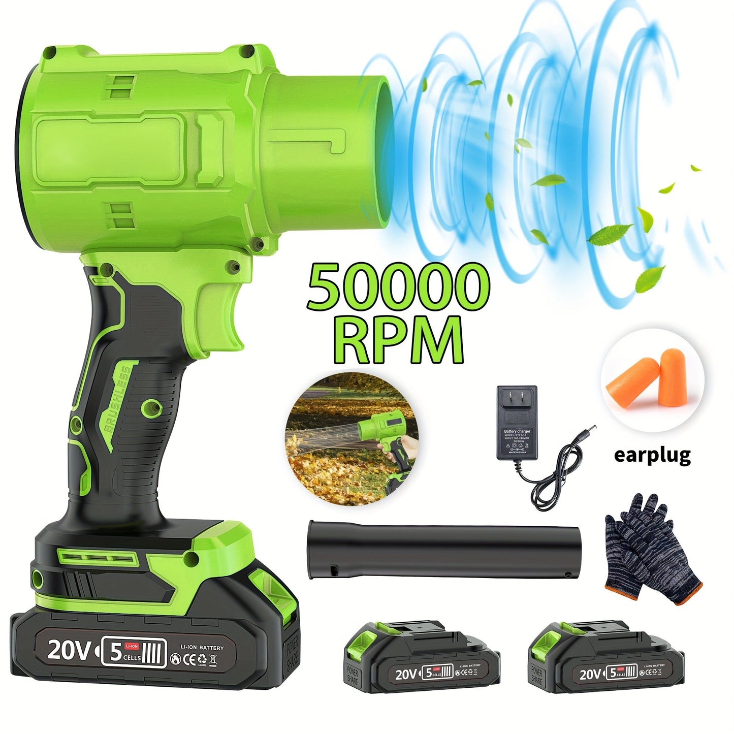 20V Cordless Leaf Blower with 50,000 RPM Marking, Yellow or Green Body and Six Dual-Battery Package Options