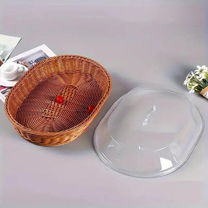 Wicker Bread and Fruit Storage Basket with Clear Acrylic Lid in Square or Round Checkout Shapes
