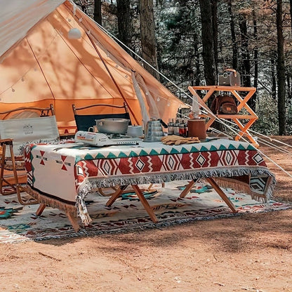 Woven Picnic Blanket with Cream Geometric Bohemian Pattern and 35.43 x 70.86 or 51.18 x 70.86-Inch Sizes