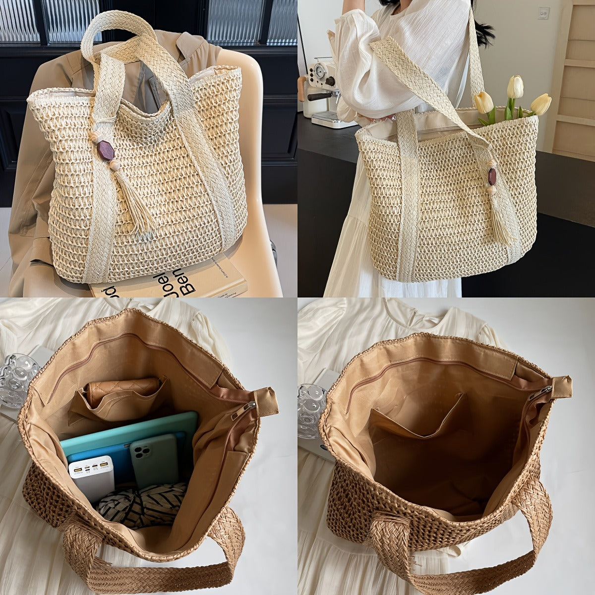 Straw Woven Tote Bag for Women Large Capacity Beach Bag Handwoven Shoulder Bag with Tassel Summer Vacation Travel Shopping Bag