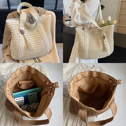 Straw Woven Tote Bag for Women Large Capacity Beach Bag Handwoven Shoulder Bag with Tassel Summer Vacation Travel Shopping Bag