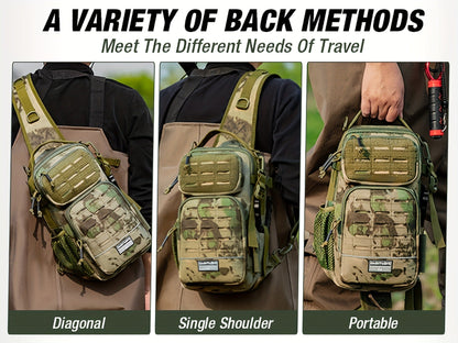 Camouflage Fishing Shoulder Bag with Six Checkout Options, Multi-Pocket Layout, Rod Holder and Bottle Pocket