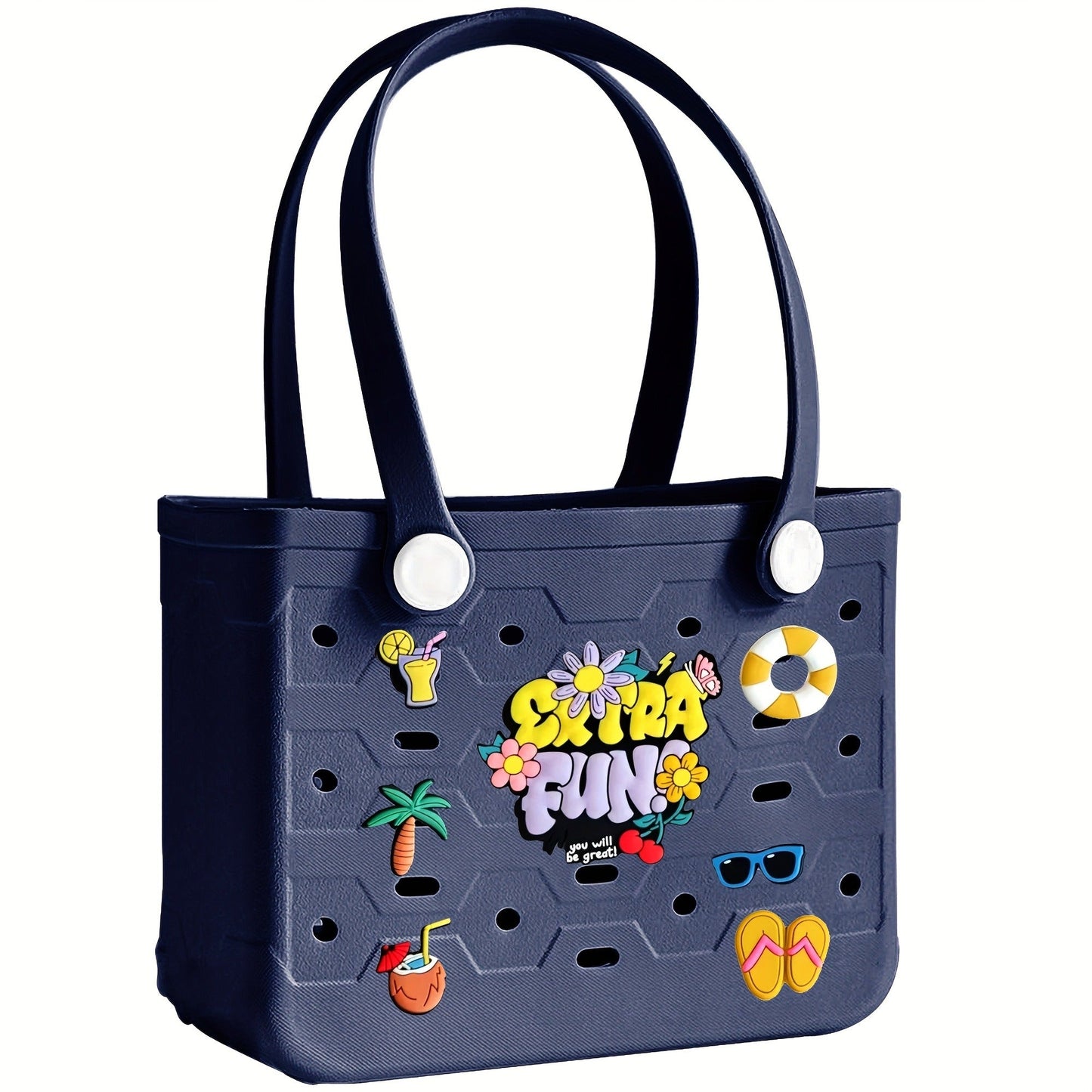 EVA Beach Bag for Women with Drainage Holes Waterproof Tote Bag Summer Outdoor Camping Shopping Travel Bag with Cute Decorations Multiple Colors S M L