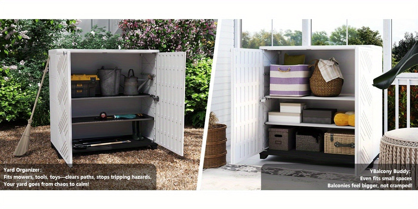 Outdoor Storage Cabinet with Doors & Metal Shelves | Resin