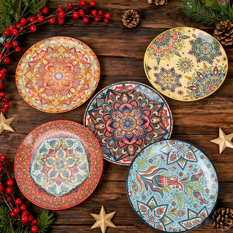 Ceramic Bowl Set with Lids 8-Piece Bohemian Soup Noodle Salad Bowls – Microwave Dishwasher Oven Safe Colorful Dinnerware for Meal Prep Family Dining Gifting