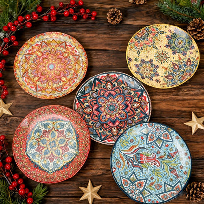 Ceramic Bowl Set with Lids 8-Piece Bohemian Soup Noodle Salad Bowls – Microwave Dishwasher Oven Safe Colorful Dinnerware for Meal Prep Family Dining Gifting