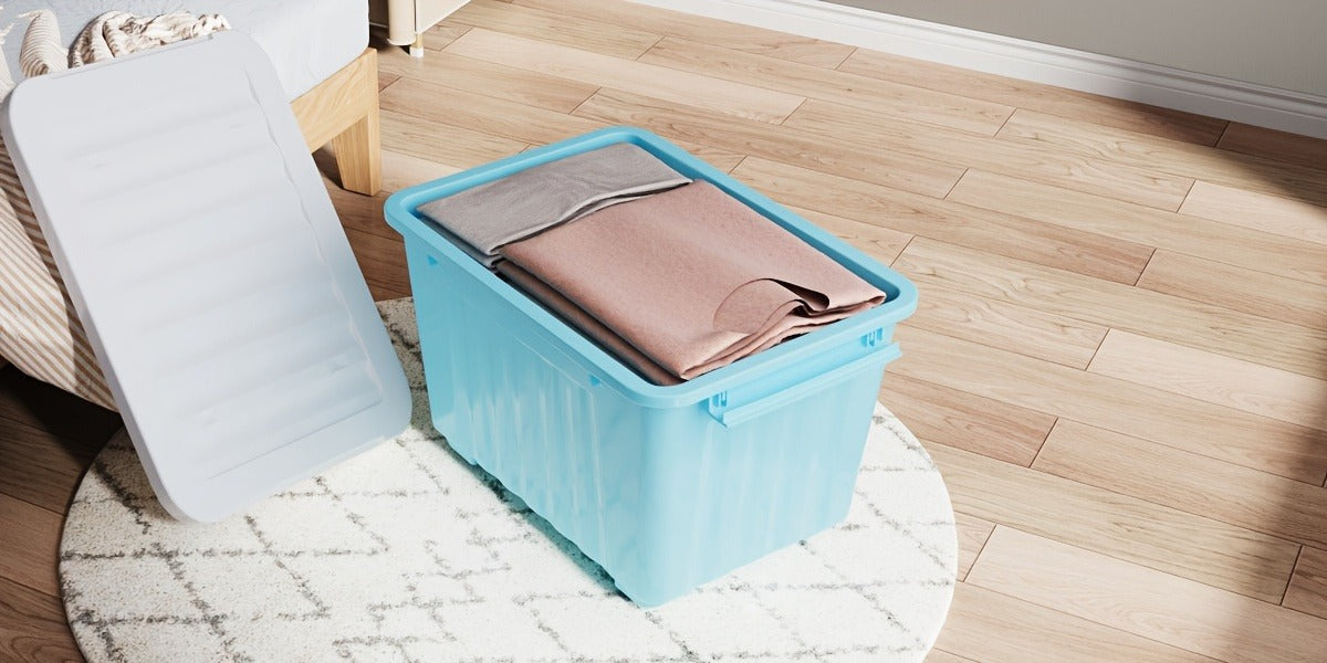 Storage Containers with Lids and Wheels | Stackable 72QT & 97QT Plastic Bins | 4 or 6 Pack | Locking Lid | Clear, Pink/White, Gray/Yellow | Home Garage