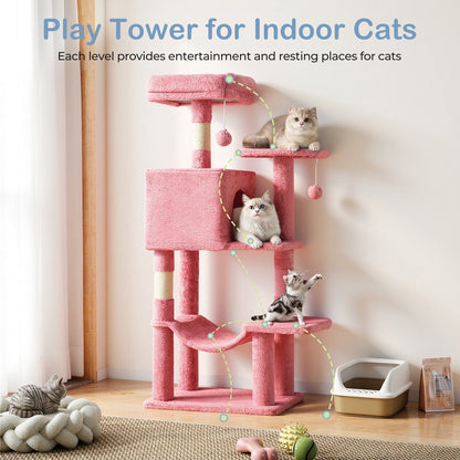 44-Inch Cat Tree Tower with Condo & Hammock - Multi-Level Indoor Cat Tree with Natural Sisal Scratching Posts, Perches & Pet House for Cats & Kittens, Stable Cat Climbing Tower, 5 Colors