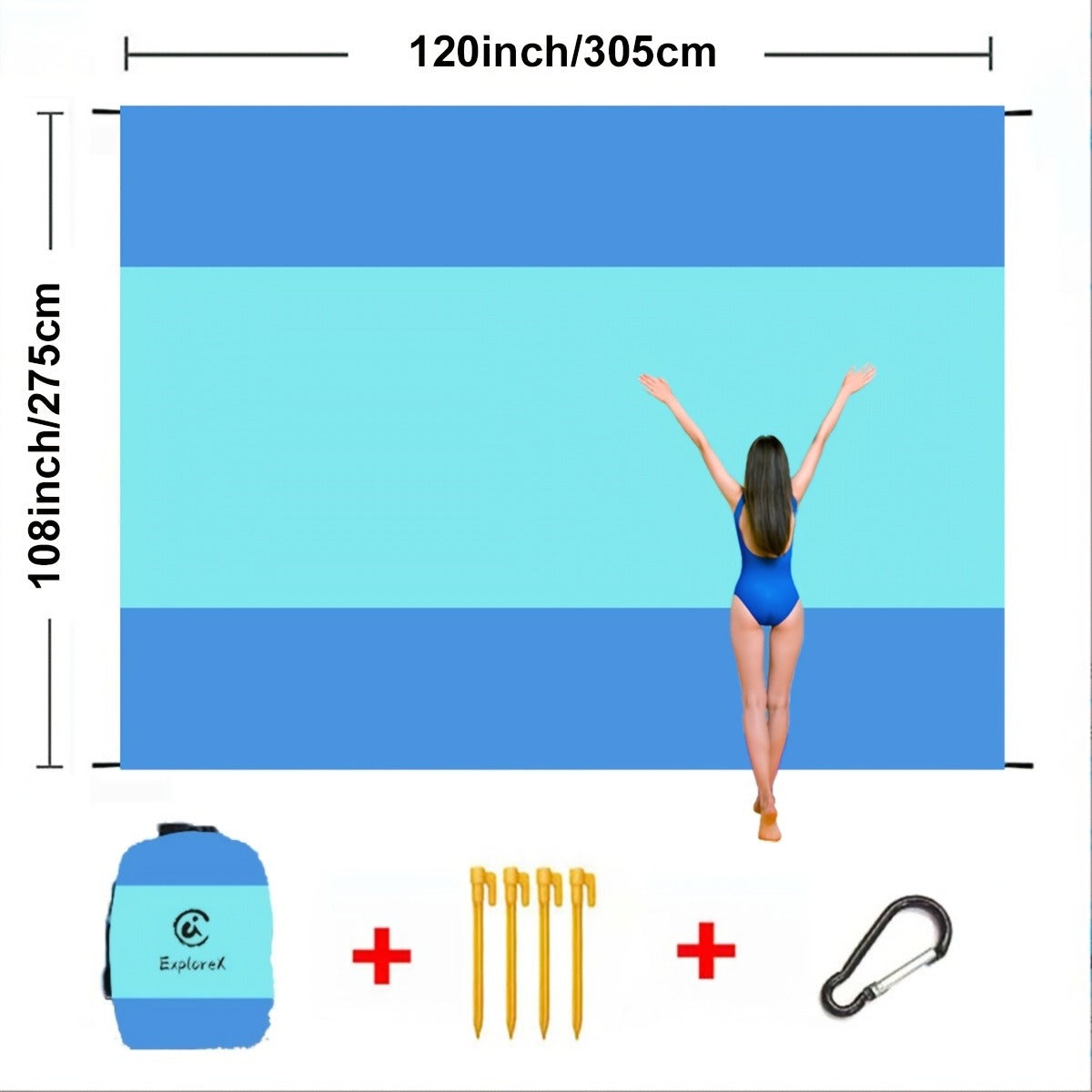 Printed Beach Mat with 19 Exact Size-and-Pattern Options, 198 x 205cm to 275 x 305cm with Stakes and Pouch