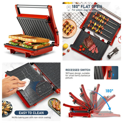 Sandwich Maker 3-in-1 Mini Indoor Grill & Panini Press – Non-Stick 180° Opening, Floating Hinge, 60-Min Timer, Temp Control & Grease Tray | Compact Electric Grill for Home & Dorm