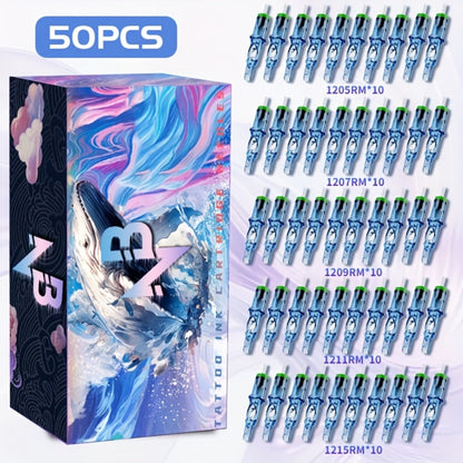 Round Magnum Tattoo Cartridge Needles 50pcs Mixed Size — 1205RM 1207RM 1209RM 1211RM 1215RM Individually Sealed Disposable, Smooth Shading & Blending for Artists & Beginners