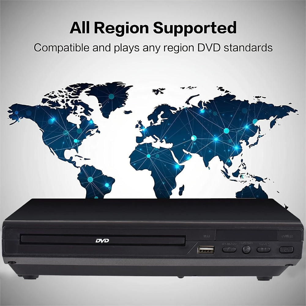 Compact Black DVD Player with USB Port, AV Output, Remote Control, RCA Cable and US Plug for Home TV