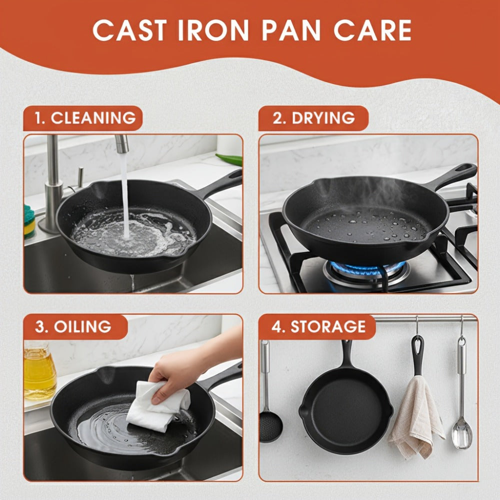 3-Piece Cast Iron Skillet Set with Long Handles, Pouring Lips and 6-, 8- and 10-Inch Graduated Pans