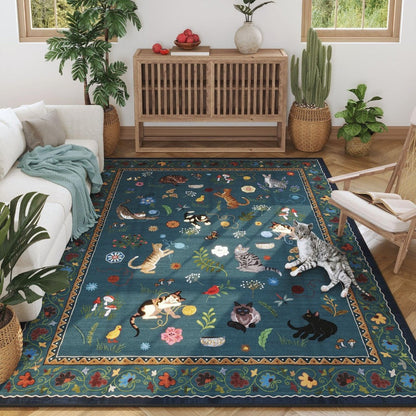 Area Rug, Vintage Blue Cat and Floral Low-Pile Carpet in Rectangle, Runner and Round Size Options