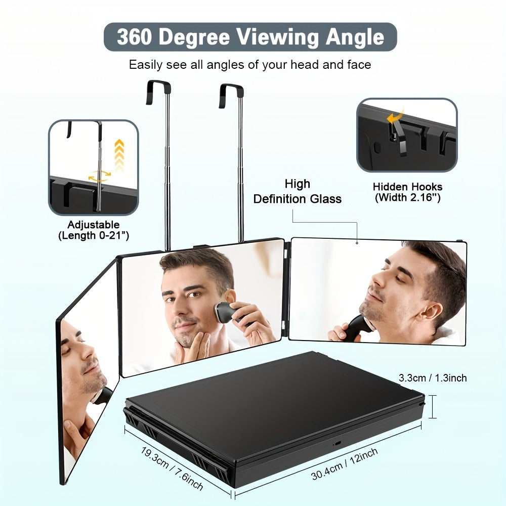 360° LED Self Hair Cutting Mirror, Anti-Fog HD Glass, Touch Dimming LED Light, USB Rechargeable 1500mAh
