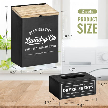 Magnetic Lint Holder & Dryer Sheet Dispenser 2-Pack, Farmhouse Wooden Lint Trash Can with Lid for Dryer, Wall Mount Dryer Sheet Box Organizer for Laundry Room Decor, Magnetic Laundry Organizer Set