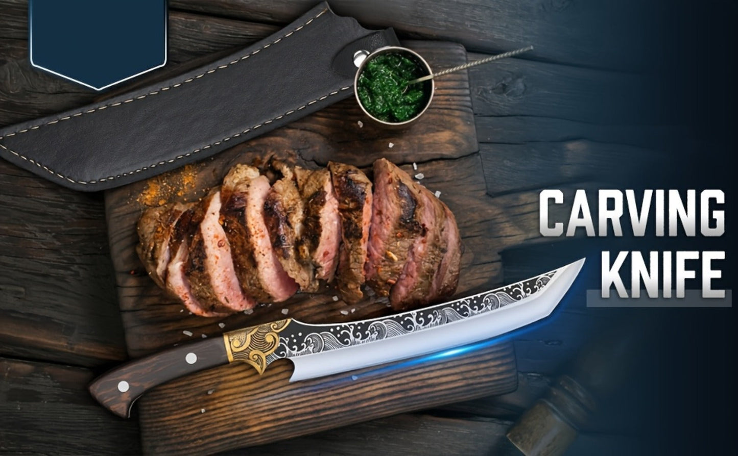 8.86-Inch Carving Knife with Patterned High-Carbon Steel Blade, Full-Tang Wood-Look Handle and Brown Sheath