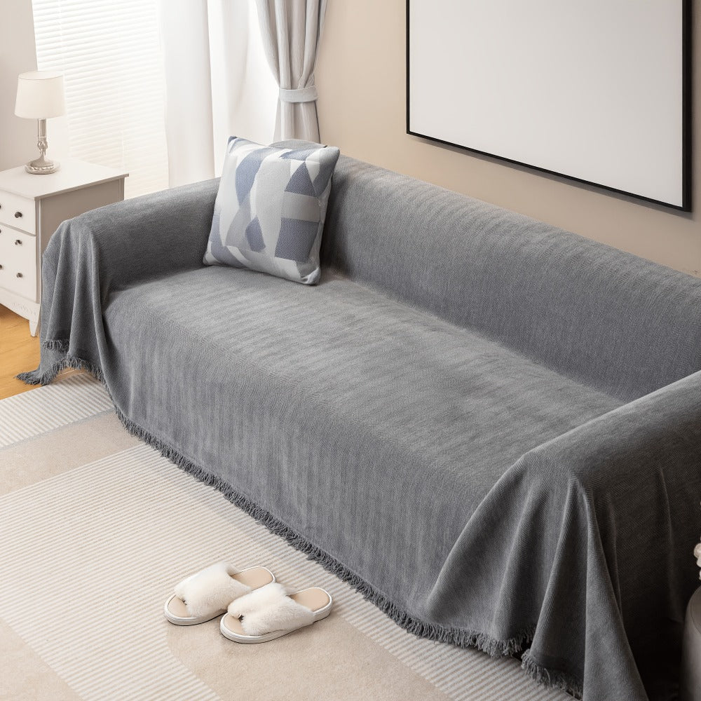 Sofa Cover Throw, Chenille Woven Fringe Slipcover in Three Colors for Three- and Four-Seat Couches