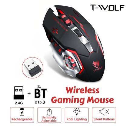 Wireless Gaming Mouse RGB Rechargeable T-WOLF 2.4GHz Ergonomic Large Mouse for PC Laptop Tablet Mac Chromebook Adjustable DPI Quiet Click Work Gaming Study Back to School Gift