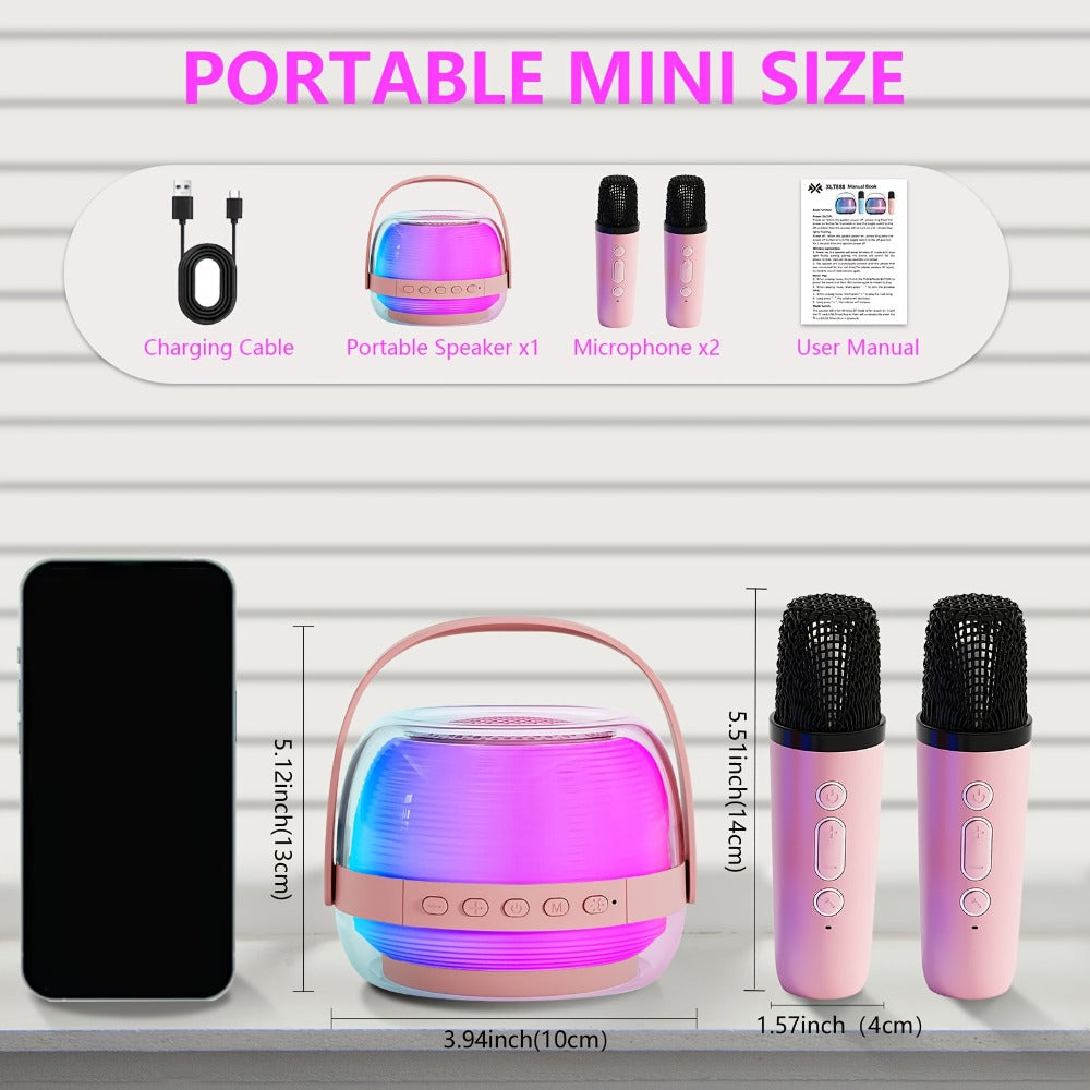 Portable Karaoke Machine with 2 Wireless Microphones, 3-Piece Bluetooth Speaker Set, Ambient Night Lamp Lighting, Birthday Gift for Adults, Kids & Bedroom Home Entertainment