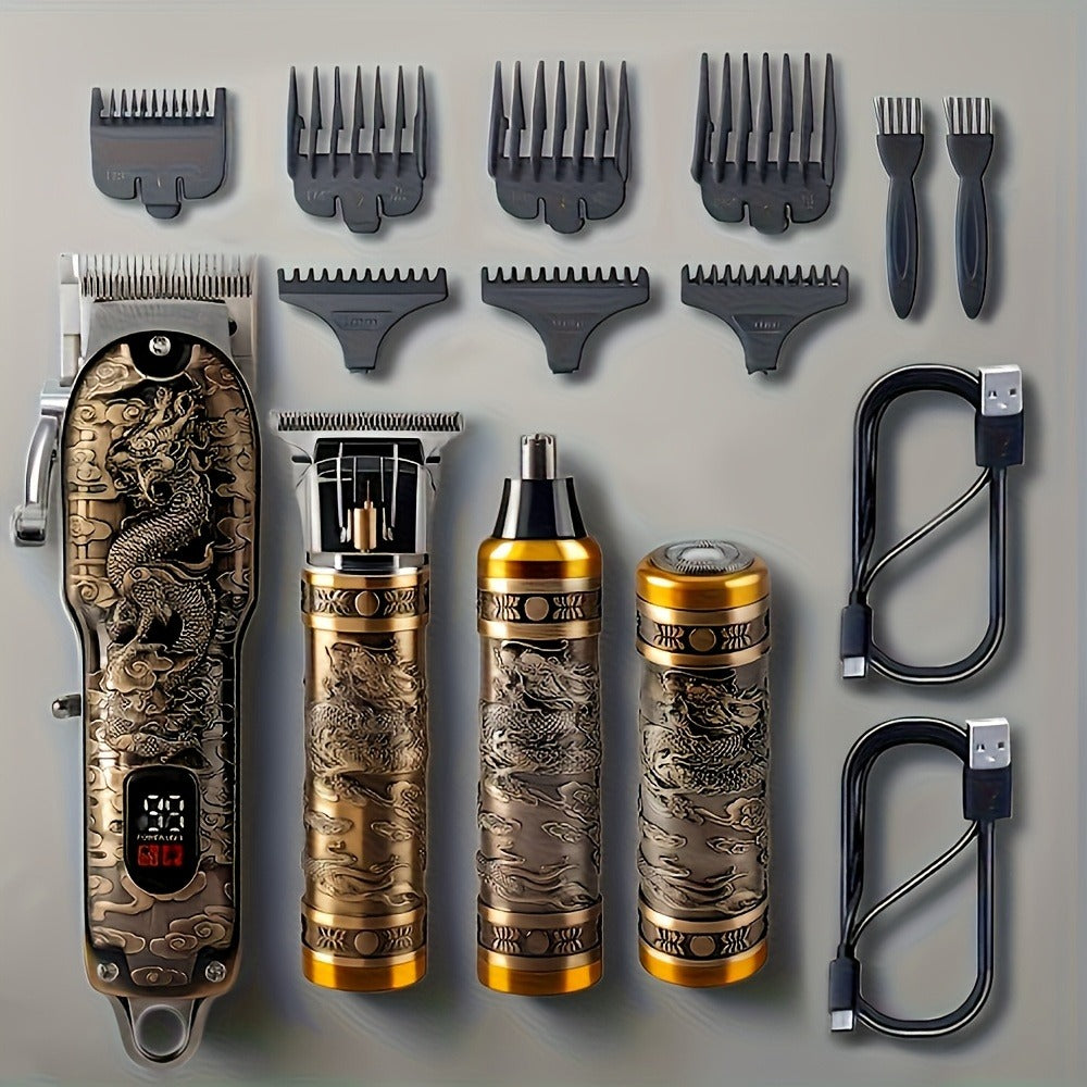Dragon-Engraved Four-Tool Grooming Kit with Hair Clipper, Detail Trimmer, Nose Trimmer and Rotary Shaver